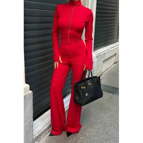 Agraflı Likralı Wide Leg Kırmızı Alt-Üst Takım