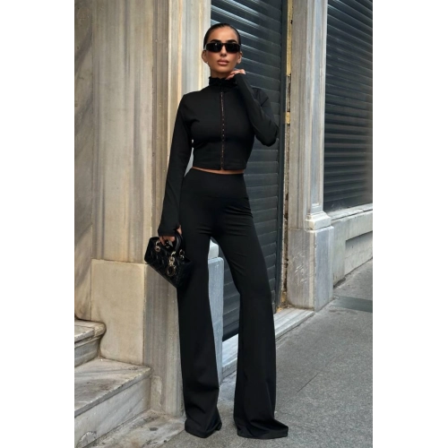 Agraflı Likralı Wide Leg Siyah Alt-Üst Takım