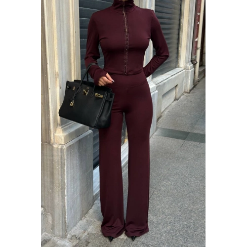 Agraflı Likralı Wide Leg Vişne Çürüğü Alt-Üst Takım