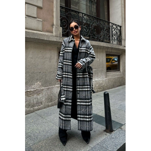 Antrasit Ekose Desenli Uzun Premium Kaban