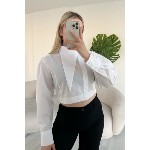 Asimetrik Yaka Poplin Beyaz Gömlek
