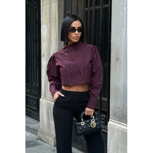 Asimetrik Yaka Poplin Bordo Gömlek