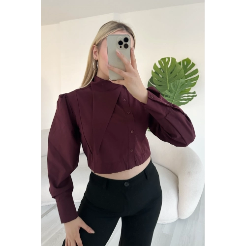 Asimetrik Yaka Poplin Bordo Gömlek