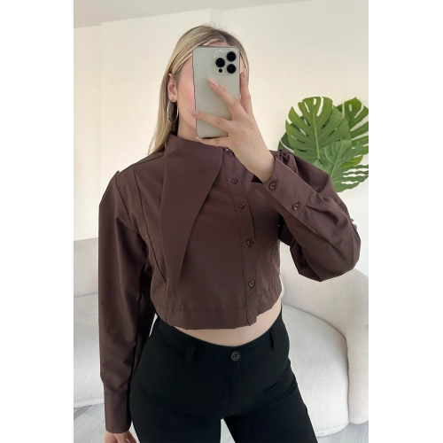 Asimetrik Yaka Poplin Kahverengi Gömlek