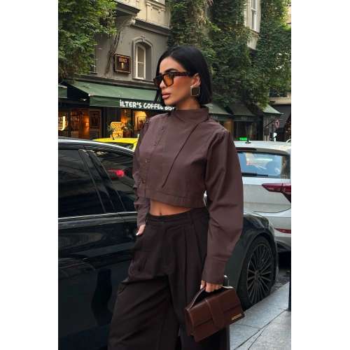 Asimetrik Yaka Poplin Kahverengi Gömlek