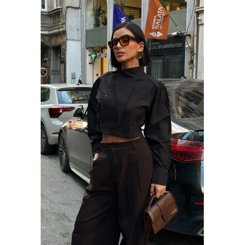 Asimetrik Yaka Poplin Siyah Gömlek