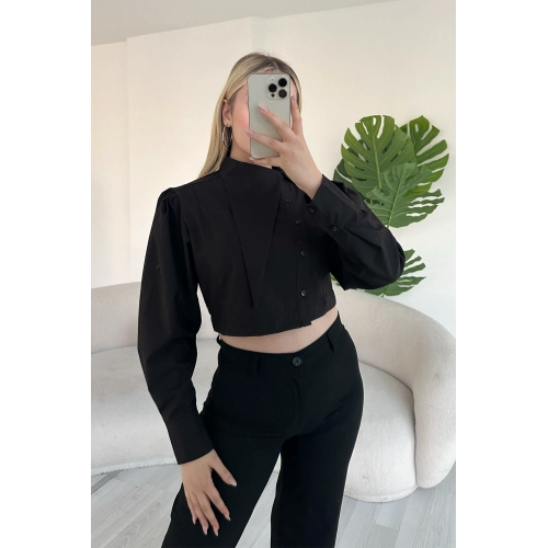 Asimetrik Yaka Poplin Siyah Gömlek