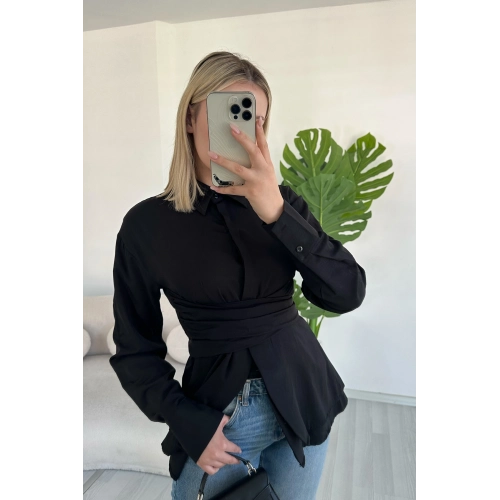 Kuşaklı Cırt Cırt Kapamalı Tasarım Siyah Gömlek