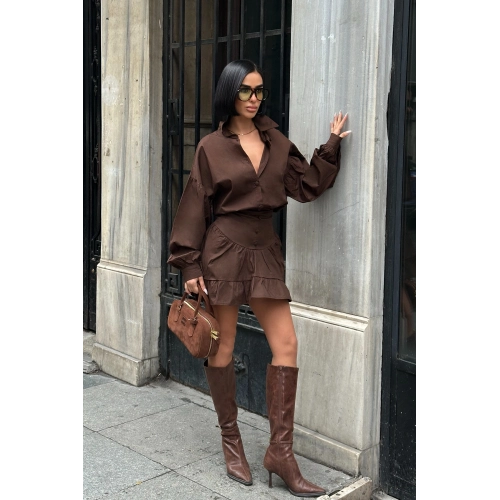 Balon Kol Düğmeli Poplin Acı Kahverengi Takım