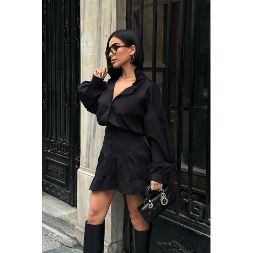 Balon Kol Düğmeli Poplin Siyah Takım