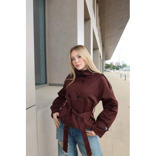 BSK Koyu Kahverengi Düğme Detaylı Dik Yaka Kemerli Kısa Boy Trençkot