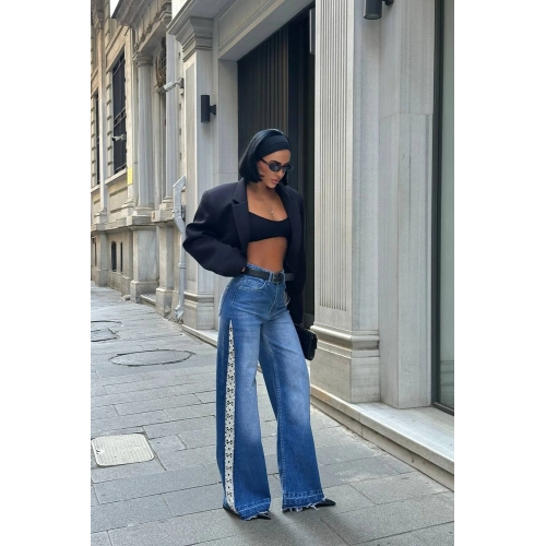 Çiçek Dantel Tasarım Wide Leg Mavi Kot Pantolon