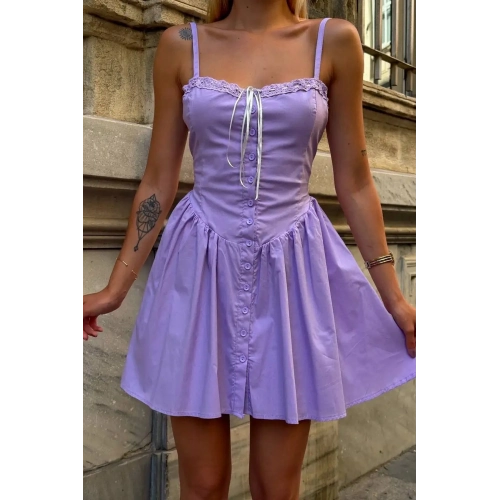 Dantel İşlemeli Düğmeli Mavi Mini Elbise