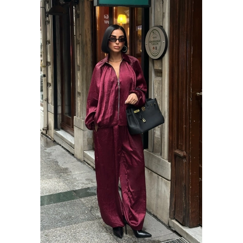 Dokulu Saten Oversize Yarasa Kol Ceket - Bol Pantolon Bordo Takım