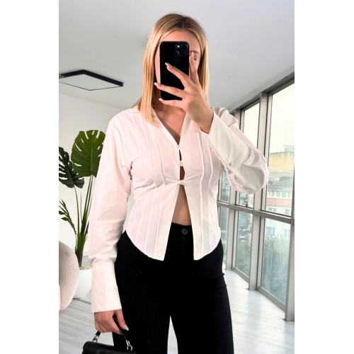 Düğme Detaylı Dekolteli Poplin Beyaz Gömlek