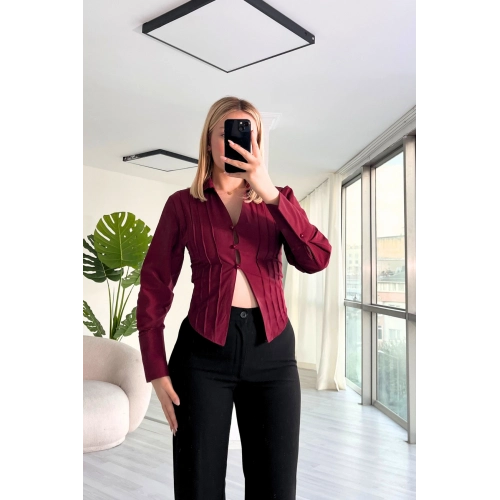 Düğme Detaylı Dekolteli Poplin Bordo Gömlek