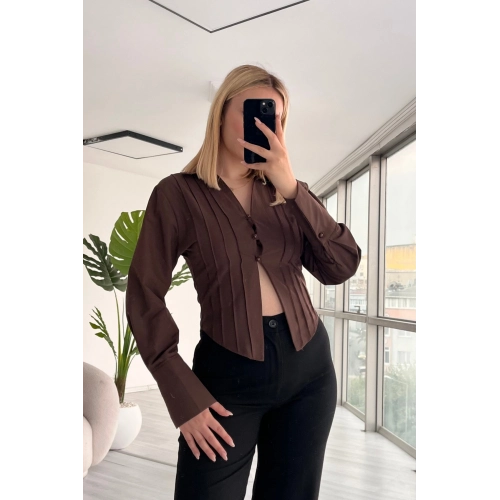 Düğme Detaylı Dekolteli Poplin Kahverengi Gömlek