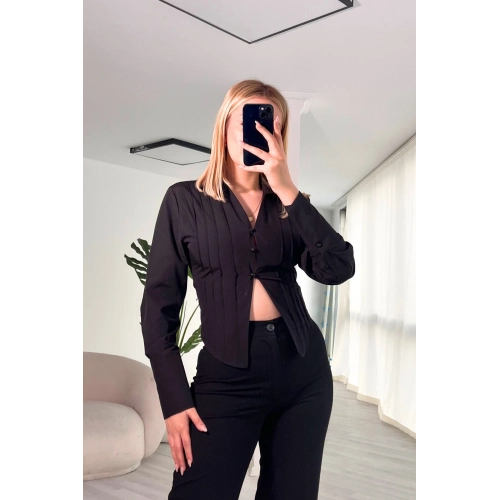 Düğme Detaylı Dekolteli Poplin Siyah Gömlek