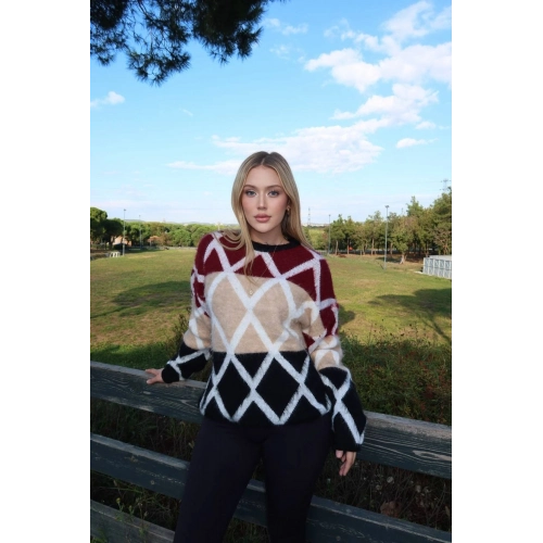 Ekose Desenli Basic Üç Renk Kazak