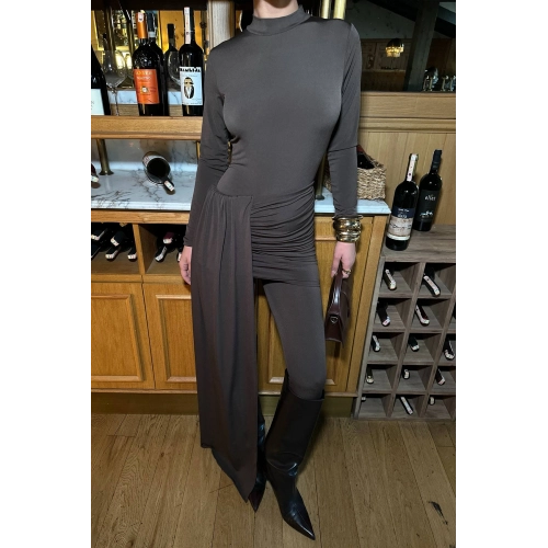 Etek Görünümlü Kuşak Detaylı Kahverengi Tasarım Tulum