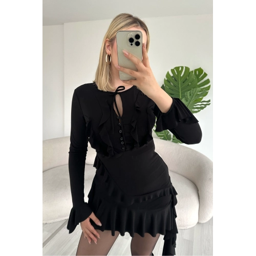 Fırfır Detaylı Göğüs Düğmeli Mini Boy Siyah Premium Tasarım Elbise