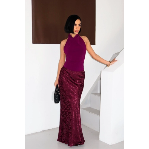 Flok Baskılı Midi Boy Saten Vişne Çürüğü Etek