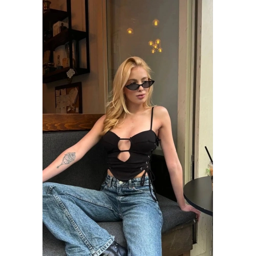 Gloplu Yan Bağcıklı Siyah Crop