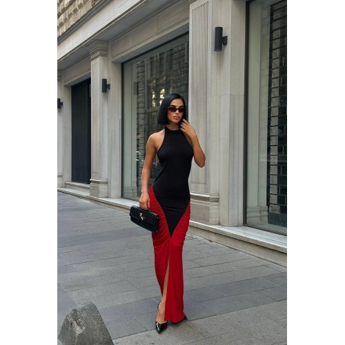 Kadın Büzgülü Sırt Dekolteli Çift Renk Kırmızı Maxi Boy Elbise