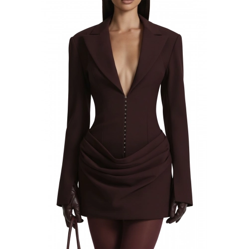 Kadın Ceket Tasarım Premium Kapama Detaylı Kahverengi Mini Elbise