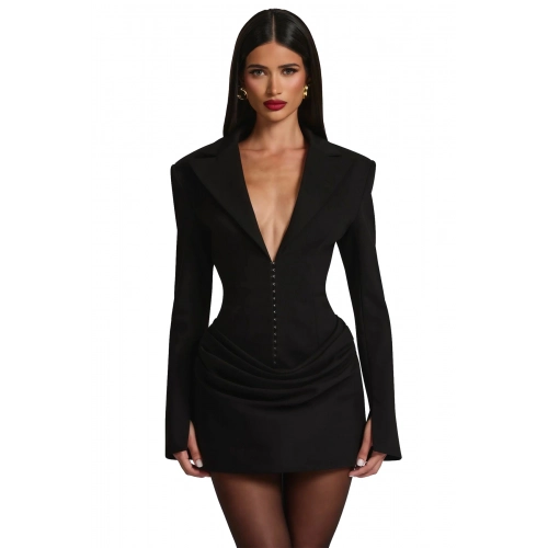 Kadın Ceket Tasarım Premium Kapama Detaylı Siyah Mini Elbise