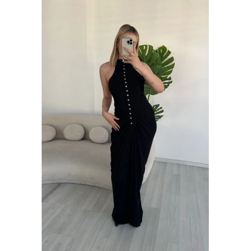 Kadın Düğme Detaylı Büzgülü Halter Yaka Siyah Maxi Elbise