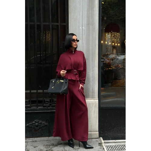 Kemer Detaylı Fermuarlı Premium Bol Paça Bordo Takım