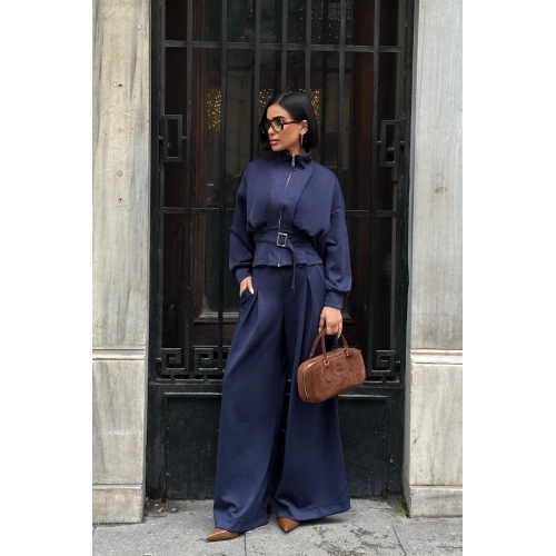 Kemer Detaylı Fermuarlı Premium Bol Paça Lacivert Takım