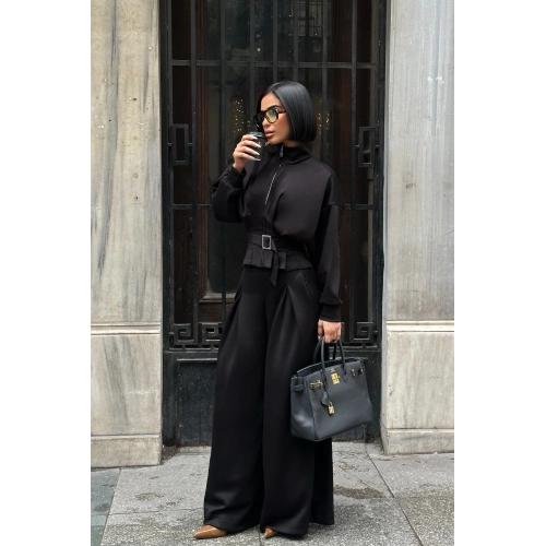 Kemer Detaylı Fermuarlı Premium Bol Paça Siyah Takım