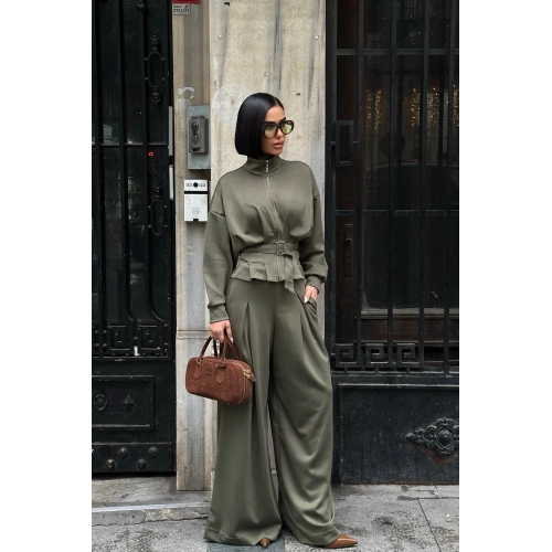 Kemer Detaylı Fermuarlı Premium Bol Paça Yeşil Takım