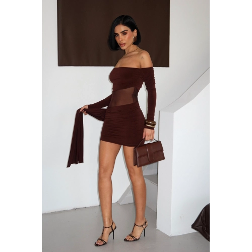 Kuşaklı Tül Dekolteli Straplez Yaka Kahverengi Mini Elbise