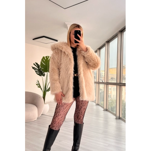 Lady Premium Yakalı Bej Uzun Kürk