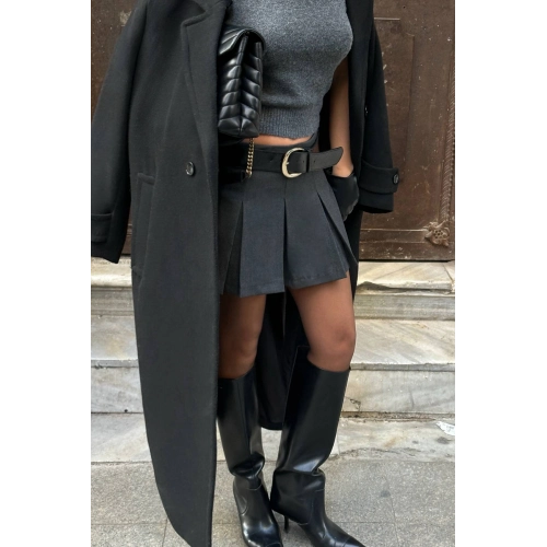 Pileli Basic Antrasit Şortlu Etek