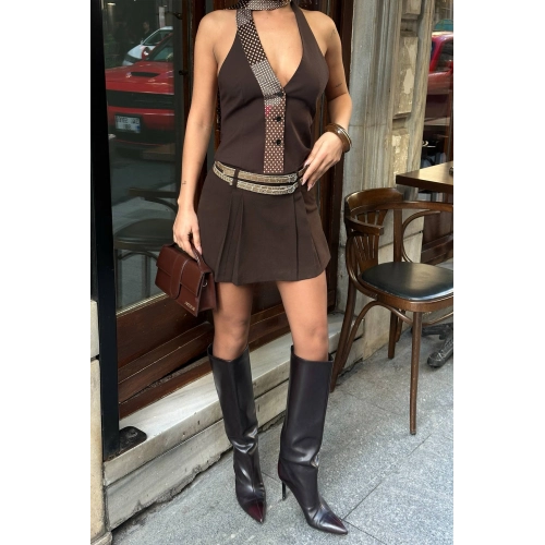 Pileli Kemer Detaylı Şortlu Basic Kahverengi Etek