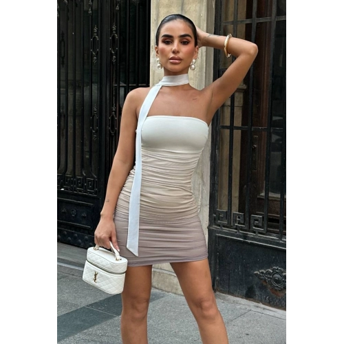 Renk Geçişli Taş Rengi Şal Detaylı Büzgülü Mini Elbise