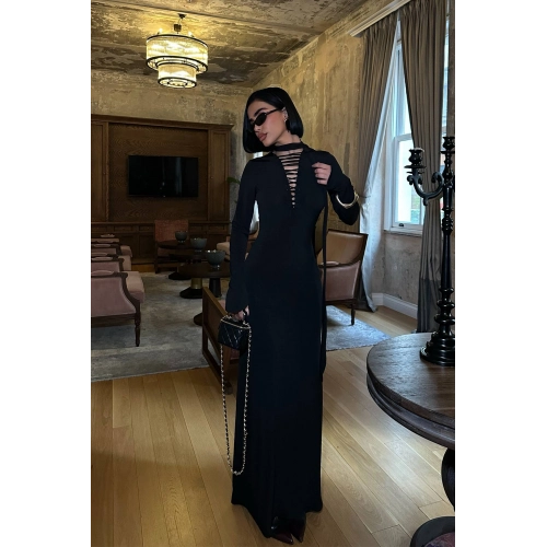 Şallı Göğüs Detaylı Maxi Boy Sandy Siyah Elbise