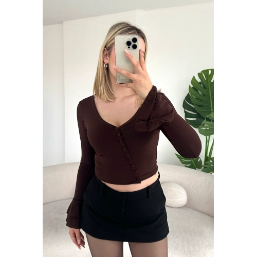 Şık Düğme Detaylı İspanyol Kol Kahverengi Bluz