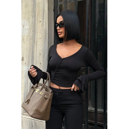 Şık Düğme Detaylı İspanyol Kol Siyah Bluz