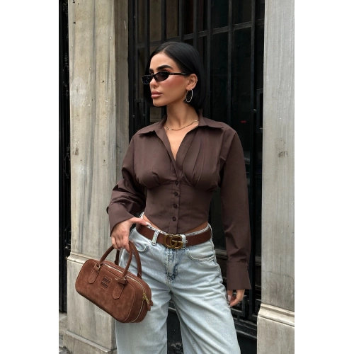 Sırt Bağlamalı Korse Detay Poplin Acı Kahverengi Gömlek