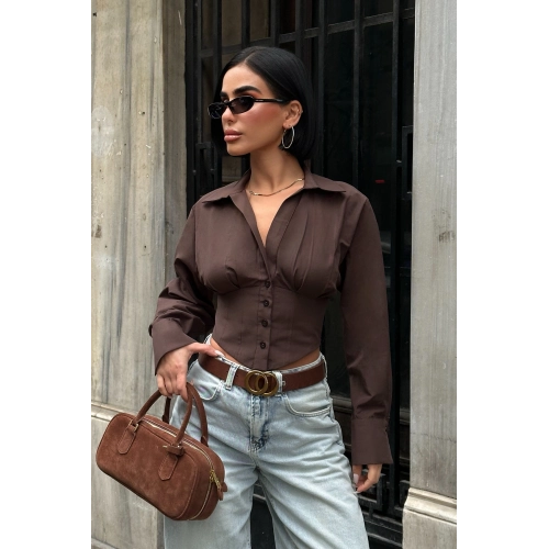 Sırt Bağlamalı Korse Detay Poplin Acı Kahverengi Gömlek