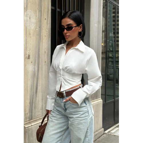 Sırt Bağlamalı Korse Detay Poplin Beyaz Gömlek