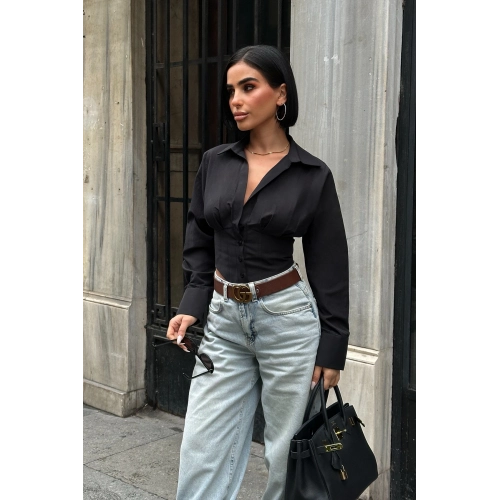 Sırt Bağlamalı Korse Detay Poplin Siyah Gömlek