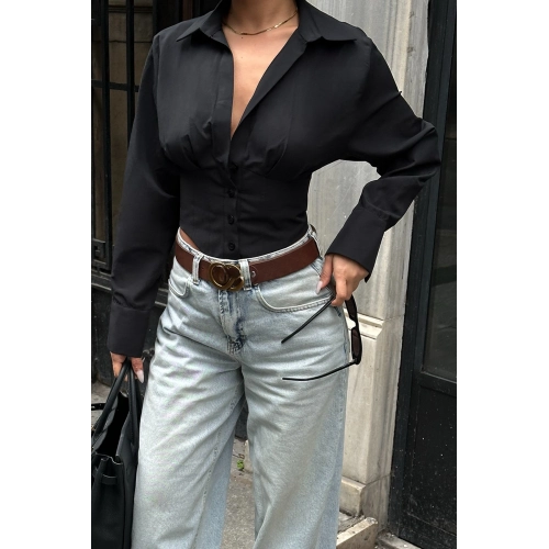 Sırt Bağlamalı Korse Detay Poplin Siyah Gömlek