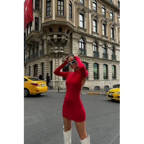 Sırt Dekolteli Uzun Kol Sandy Kırmızı Mini Elbise