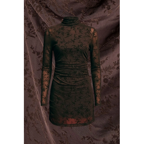 STD Flok Baskılı Astarlı Kahverengi Mini Elbise